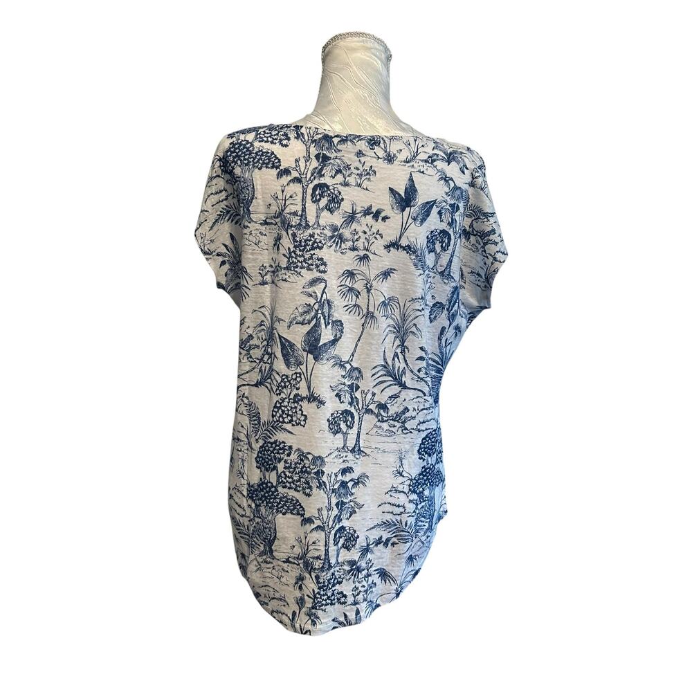 Blue White Linen Tropical Toile Print Cap Sleeve Top Coastal Grandmother S - Picture 3 of 13